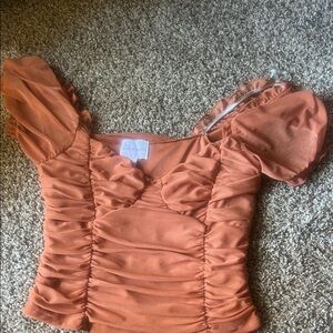 Elegant Ruched Puff Sleeve Blouse in Orange